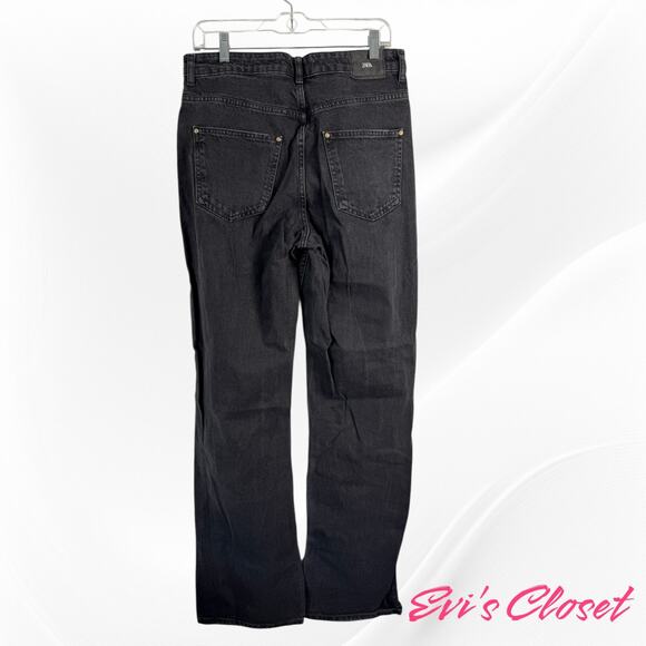 Zara Women's Black Relaxed Fit High Rise Wide Legs Distressed Ripped Knees Sz 8 - Picture 2 of 8